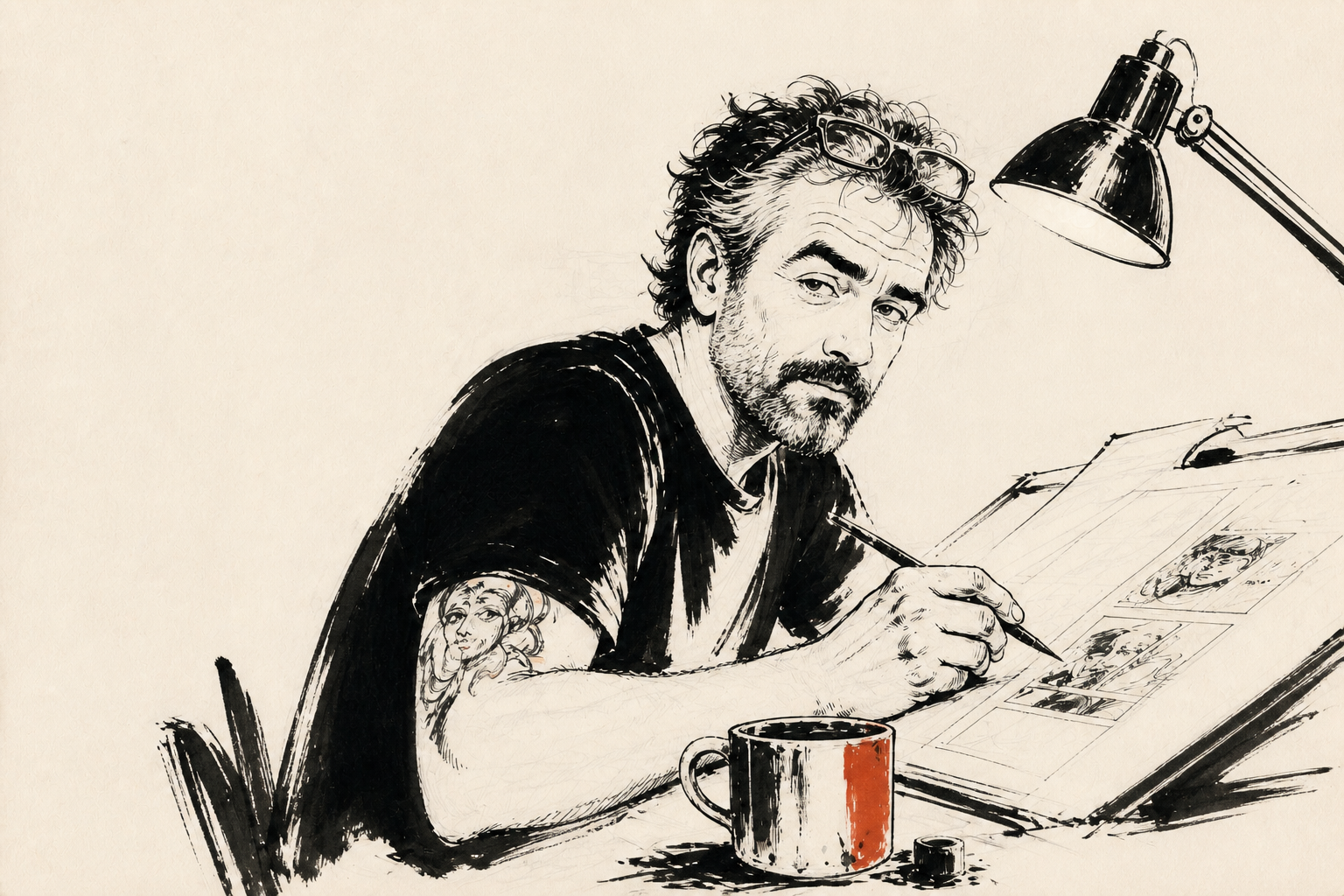 Ink drawing of Jeffery Sterling working at a drafting table
